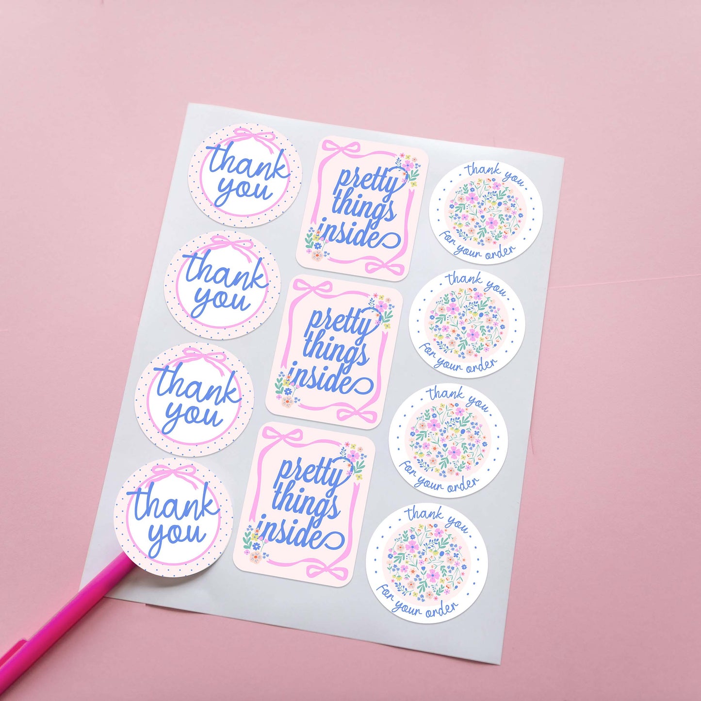 cute spring girly designer packaging stickers custom stickers for business with pink bows and flowers for boutique shipping