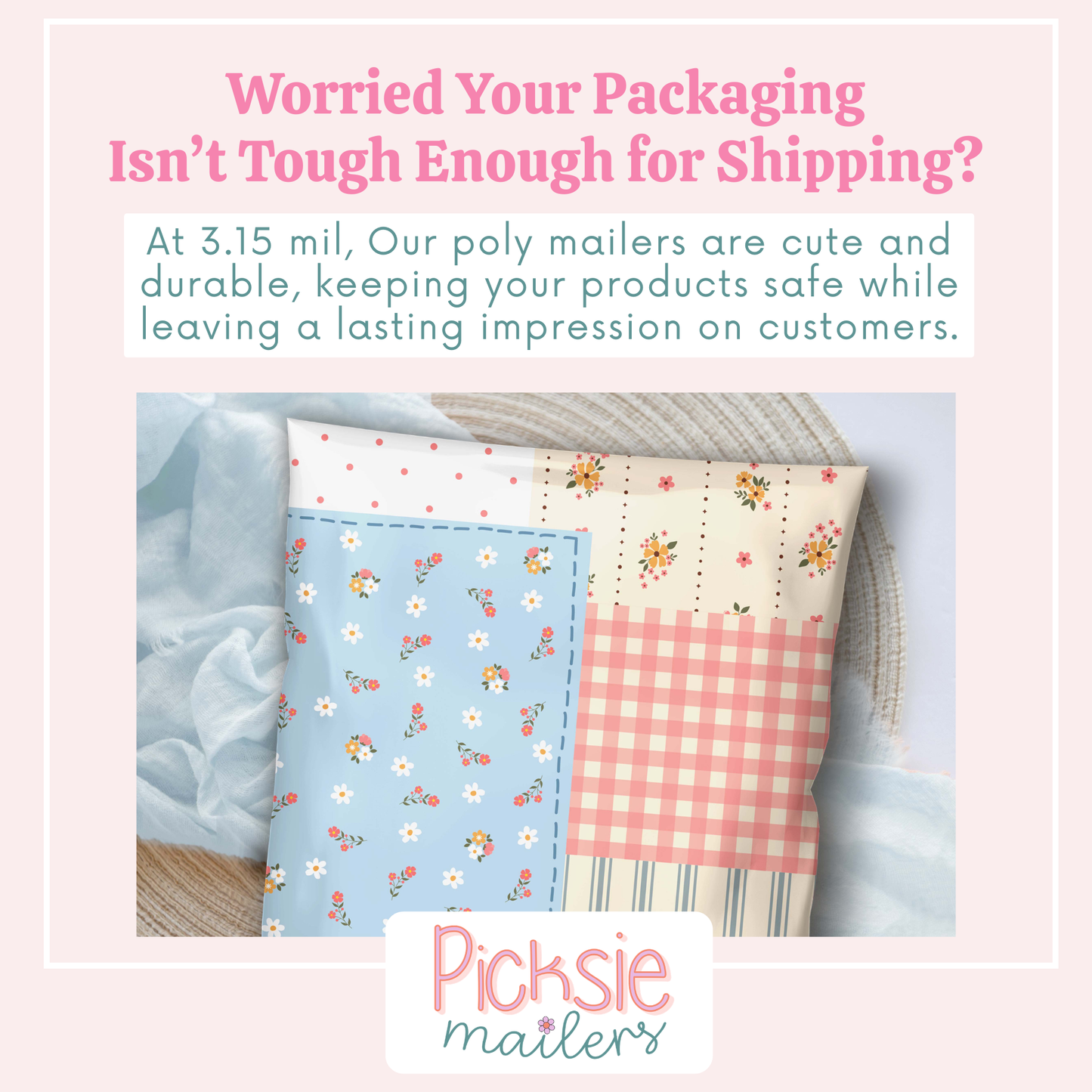 cute poly mailer in a patchwork design with florals, plaids, & stripes for small business mailing. This shipping bag has muted blues, pinks and cream design colors. Good for t-shirts, clothes, and handmade boutique items. available in 10x13 and 14x19 inch with a durable, thick, 1.5 mil plastic mailing bag construction.