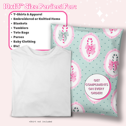 cute christmas poly mailers 10x13" with mint green background, forest green polka dots, and hot pink frames with hand drawn candy canes with bows inside. Cute holiday shipping bags design pattern for small business holiday shipping.