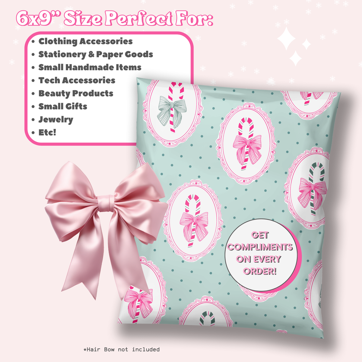 cute christmas poly mailers 6x9 with mint green background, forest green polka dots, and hot pink frames with hand drawn candy canes with bows inside. Cute trending design pattern for small business holiday shipping.