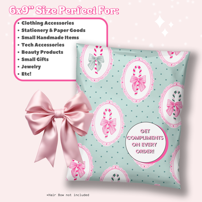 cute christmas poly mailers 6x9 with mint green background, forest green polka dots, and hot pink frames with hand drawn candy canes with bows inside. Cute trending design pattern for small business holiday shipping.