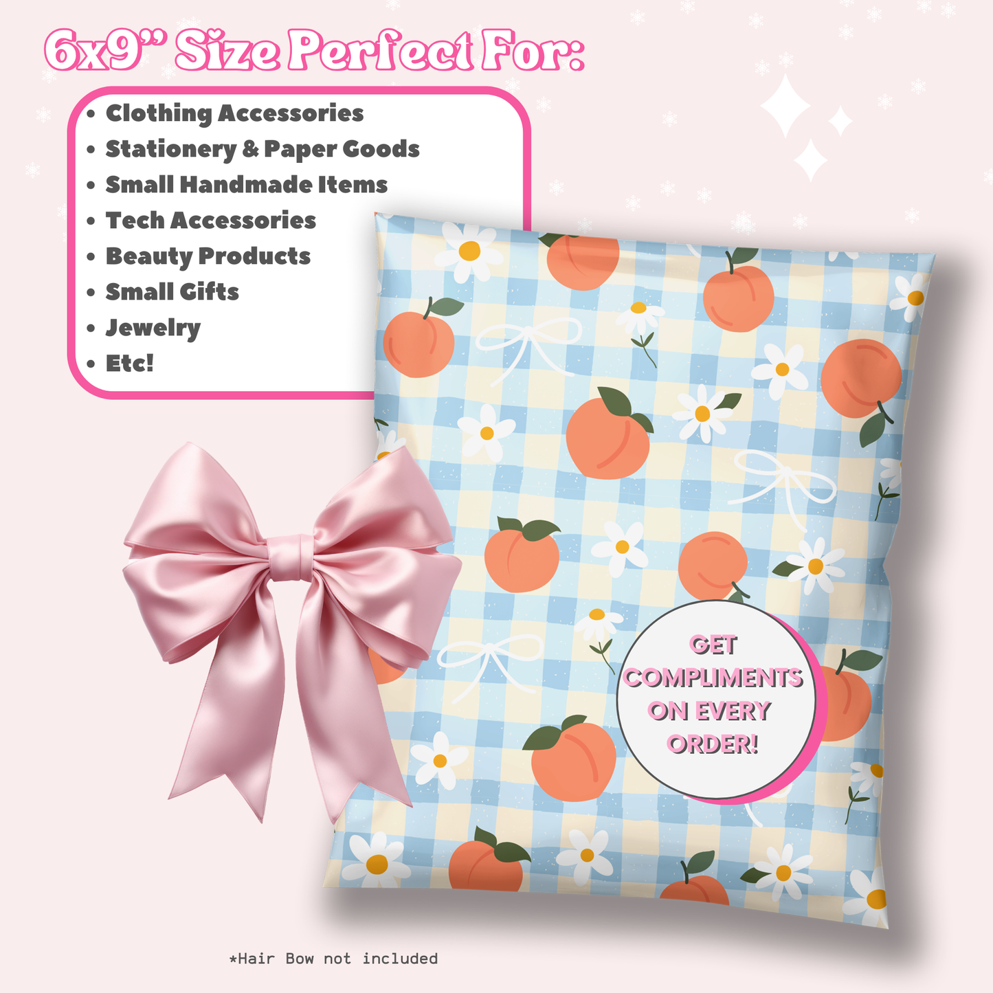 A small, 6x9 poly mailer with a pastel blue and cream gingham pattern, printed with orange peaches, white daisies, and white bows. A large pink satin bow is shown beside it to demonstrate it's small size of polymailer shipping bag.