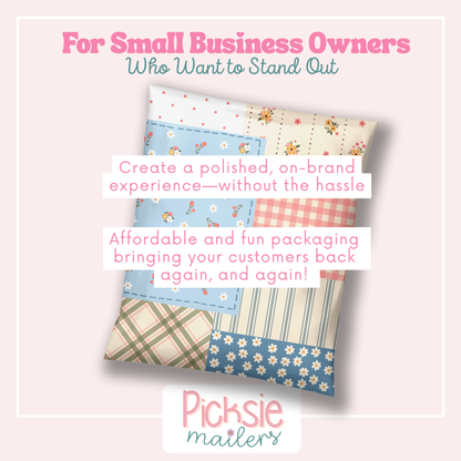 Poly mailer shipping bag in cottage patchwork design with florals, plaids, & stripes for small business shipping and mailing. Polymailer is muted blues, pinks and cream design colors. Good for t-shirts, clothes, and handmade boutique items. available in 10x13 and 14x19".