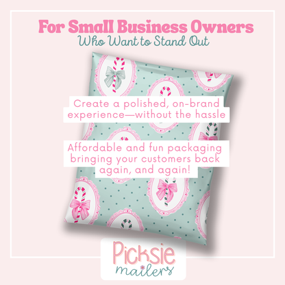 cute christmas polymailer with mint green background, forest green polka dots, and hot pink frames with hand drawn candy canes with bows inside. Text says For small business owners who want to stand out. Create a polish, on-brand experience- without the hassle.  Affordable and fun packaging bringing your customers back again and again!