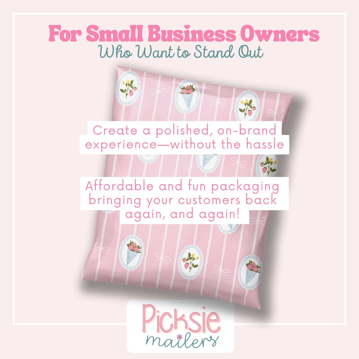 polybag shipping supplies for small business owners. pink with flower bouquets and strawberry plants