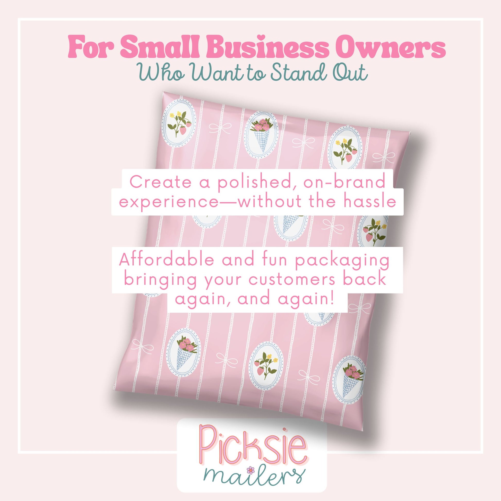 polybag shipping supplies for small business owners. pink with flower bouquets and strawberry plants