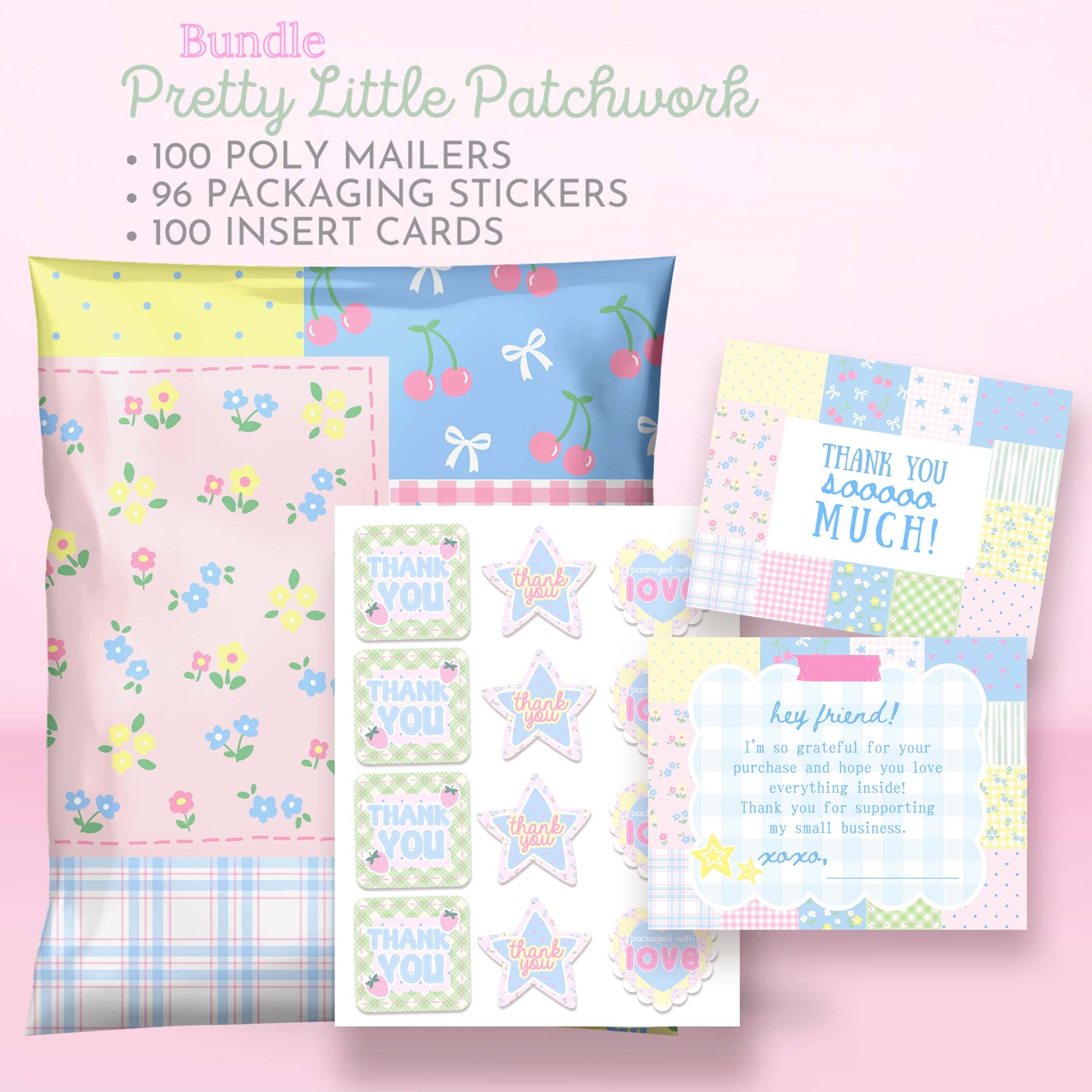 poly mailer shipping bundle with cute patchwork design poly mailers, customer thank you cards, and matching packaging stickers for small business with pastel pink, blue, yellow, and green color