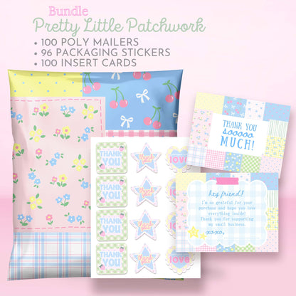 poly mailer shipping bundle with cute patchwork design poly mailers, customer thank you cards, and matching packaging stickers for small business with pastel pink, blue, yellow, and green color