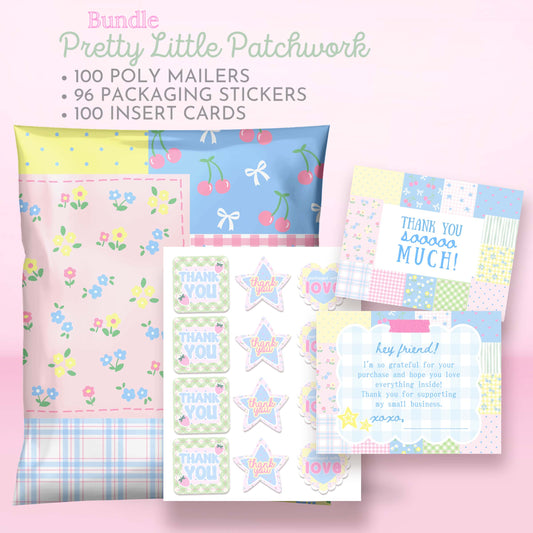 poly mailer shipping bundle with cute patchwork design poly mailers, customer thank you cards, and matching packaging stickers for small business with pastel pink, blue, yellow, and green color