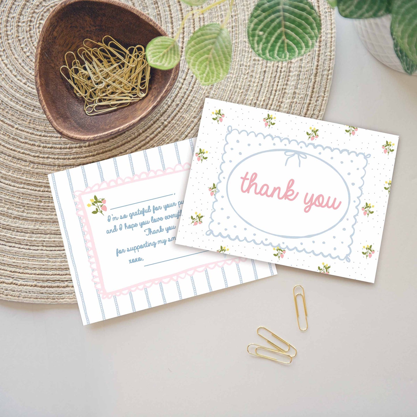 cute floral customer thank you card inserts for small business product shipping. Thank you,  I'm so grateful for your purchase in pink and light blue colors and strawberry sprigs.