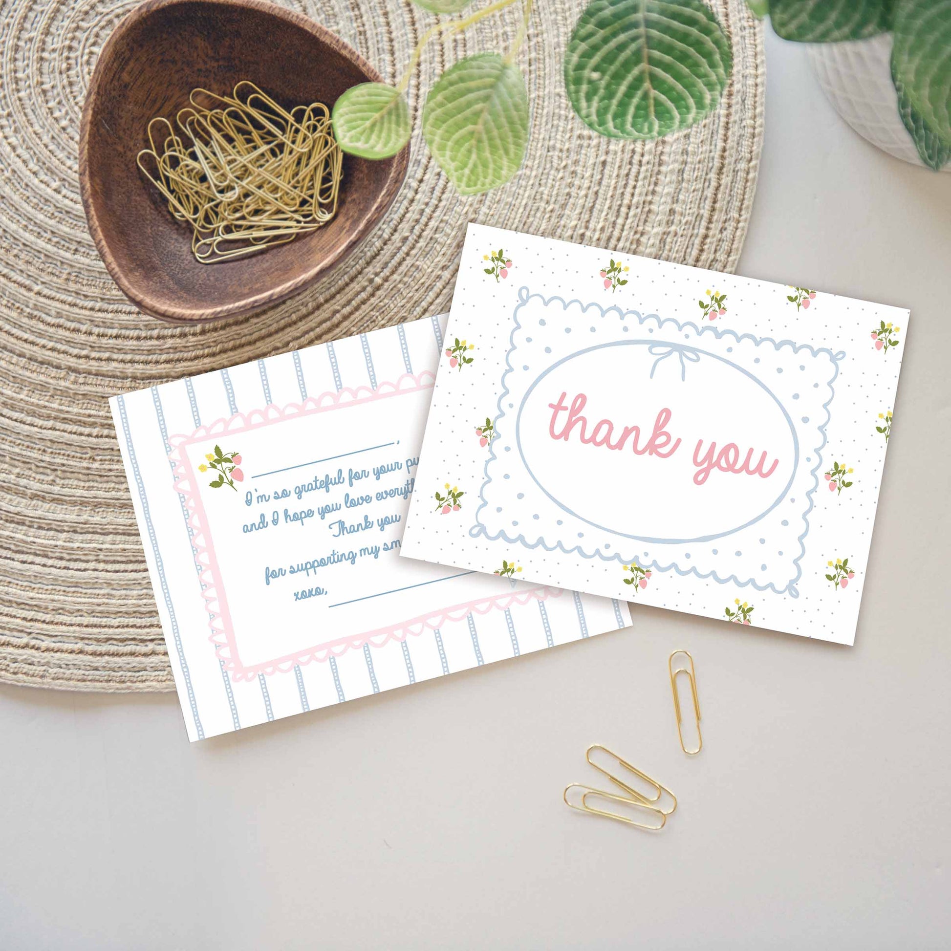 cute floral customer thank you card inserts for small business product shipping. Thank you,  I'm so grateful for your purchase in pink and light blue colors and strawberry sprigs.