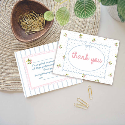cute floral customer thank you card inserts for small business product shipping. Thank you,  I'm so grateful for your purchase in pink and light blue colors and strawberry sprigs.