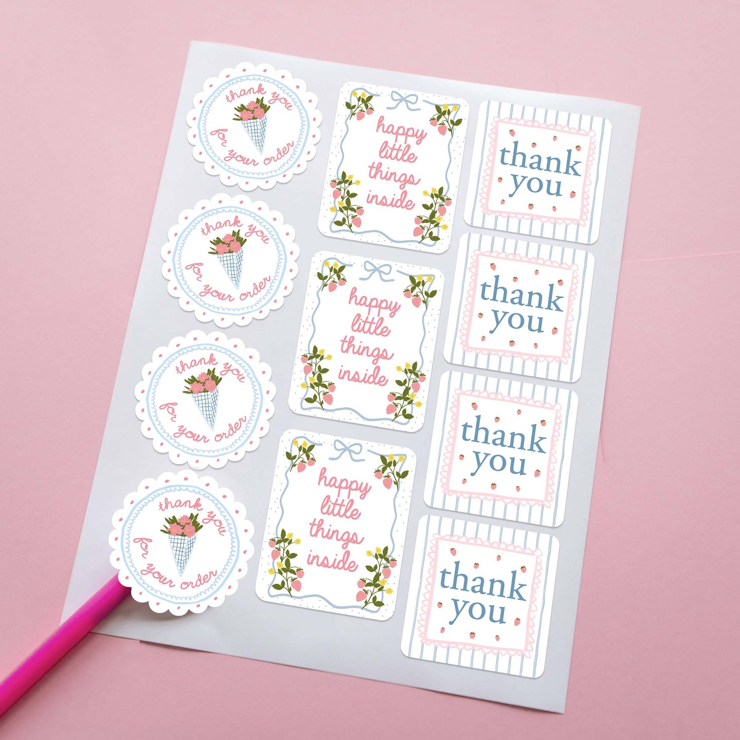 customer thank you message stickers with coquette design, florals and strawberries in pink and blue. for small business and boutique packaging and customer thank u.