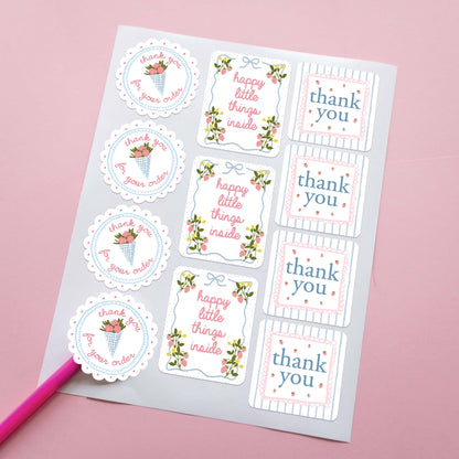 customer thank you message stickers with coquette design, florals and strawberries in pink and blue. for small business and boutique packaging and customer thank u.