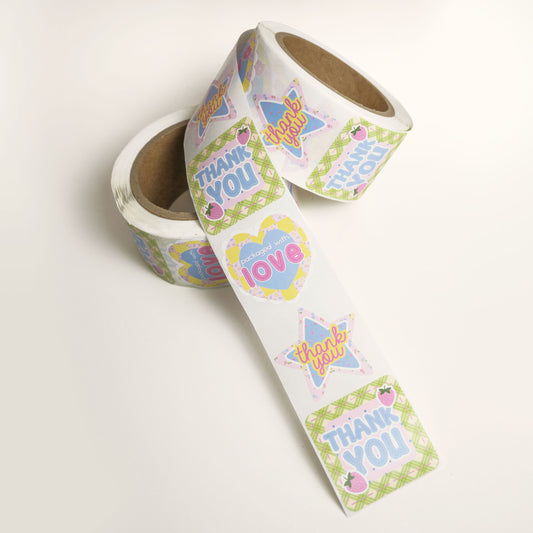 small business customer thank you stickers in patchwork style design with pinks, yellow, blues, and light greens with plaids, florals and strawberries.