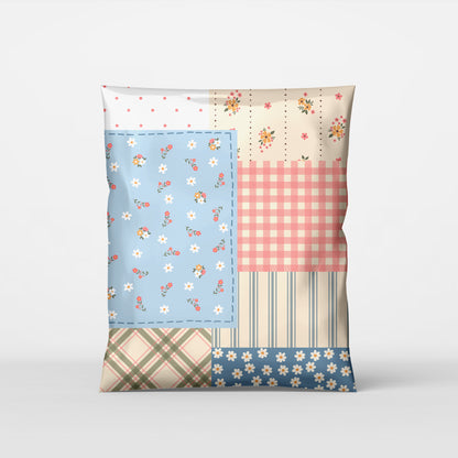 cute poly mailer shipping bag  in patchwork design with florals, plaids, & stripes for small business mailing. Polymailer is muted blues, pinks and cream design colors. Good for t-shirts, clothes, and handmade boutique items.