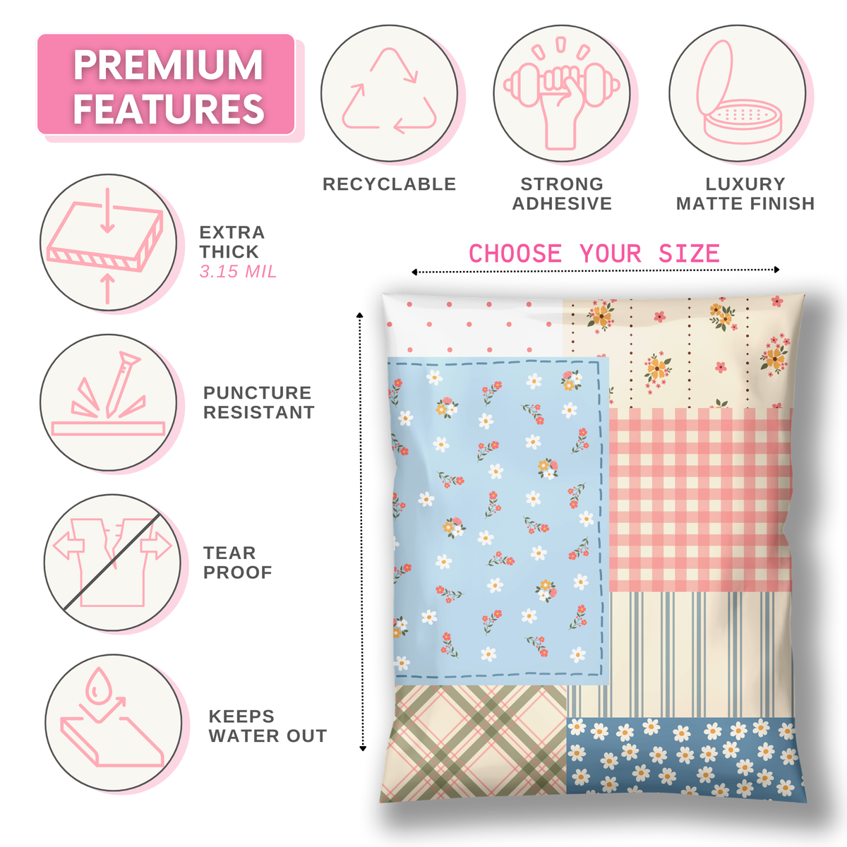 cute poly mailer shipping bag in cottage patchwork design with florals, plaids, & stripes for small business mailing. Polymailer is muted blues, pinks and cream design colors. Good for t-shirts, clothes, and handmade boutique items. available in 10x13 and 14x19".