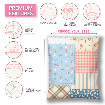 cute poly mailer shipping bag in cottage patchwork design with florals, plaids, & stripes for small business mailing. Polymailer is muted blues, pinks and cream design colors. Good for t-shirts, clothes, and handmade boutique items. available in 10x13 and 14x19".
