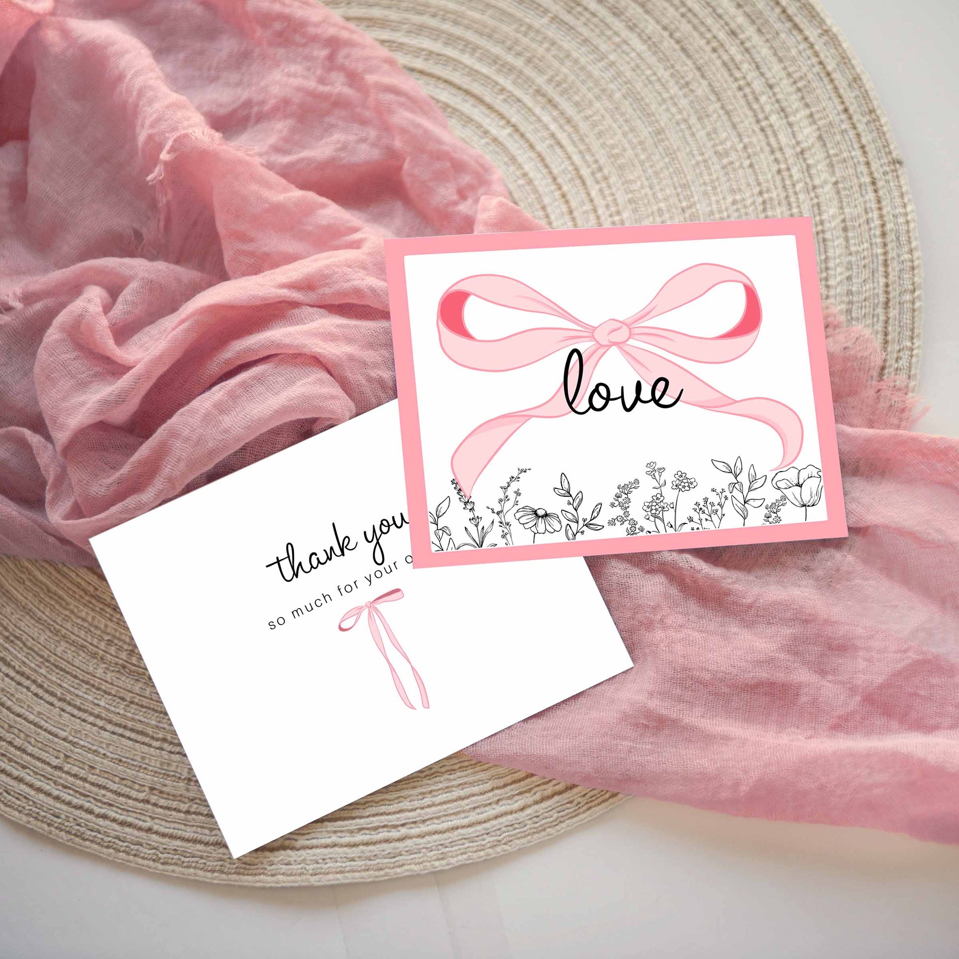 cute girly pink bows coquette customer thank you insert cards boutique shipping supplies