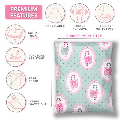 cute christmas shipping bag with mint green background, forest green polka dots, and hot pink frames with hand drawn candy canes with bows inside. Cute trending design pattern for small business holiday shipping. Choose your poly mailer size with premium features.