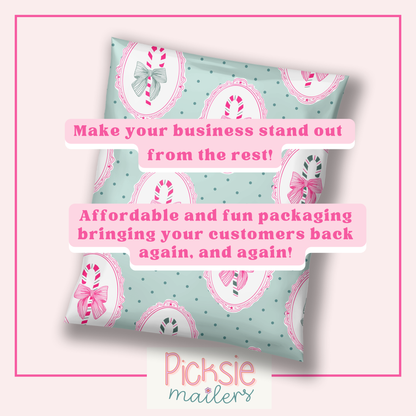 Text says: make your small business stand out from the rest!  Affordable and fun packaging bringing your customers back again, and again.  With a cute christmas poly mailer in the background with light mint color background, green polka dots, pink and green striped candy canes with pink bows.