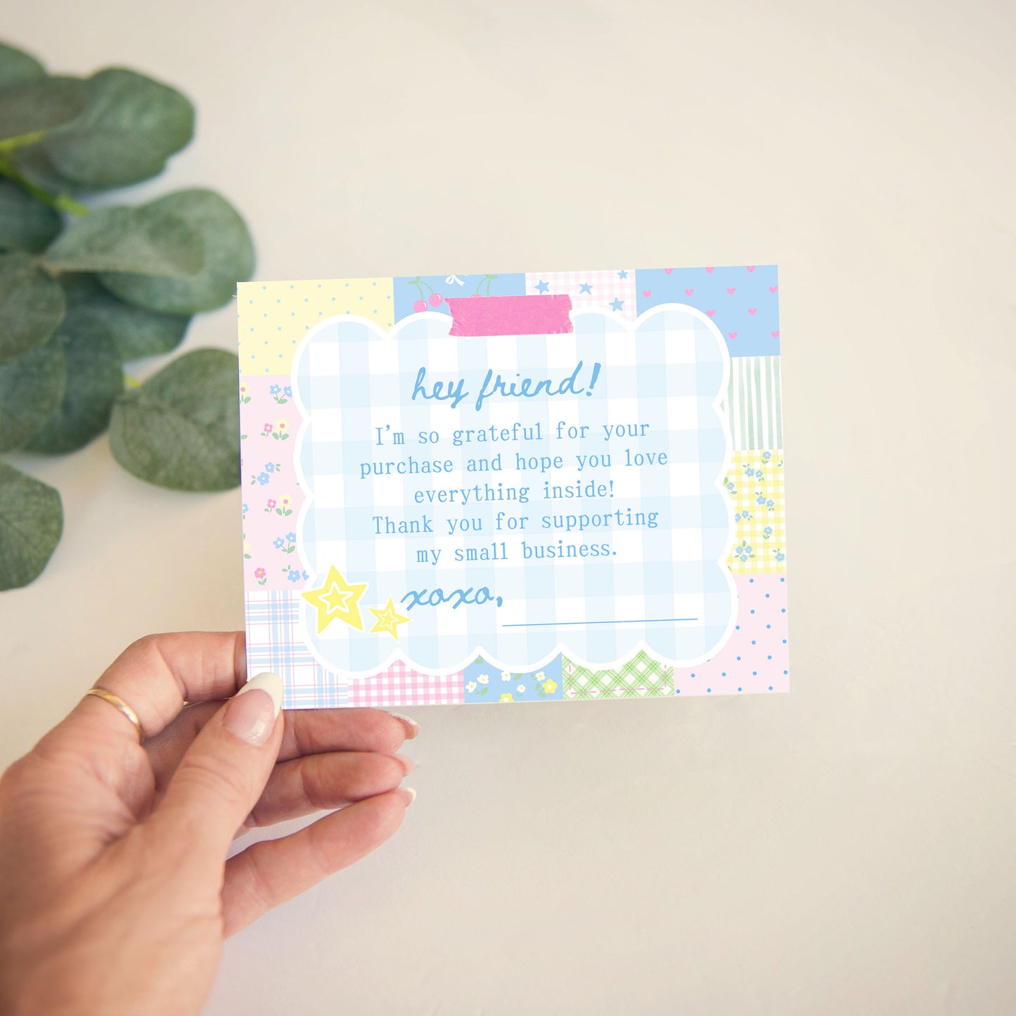 customer thank you insert card for boutique shipping and packaging in pastel colored patchwork design.