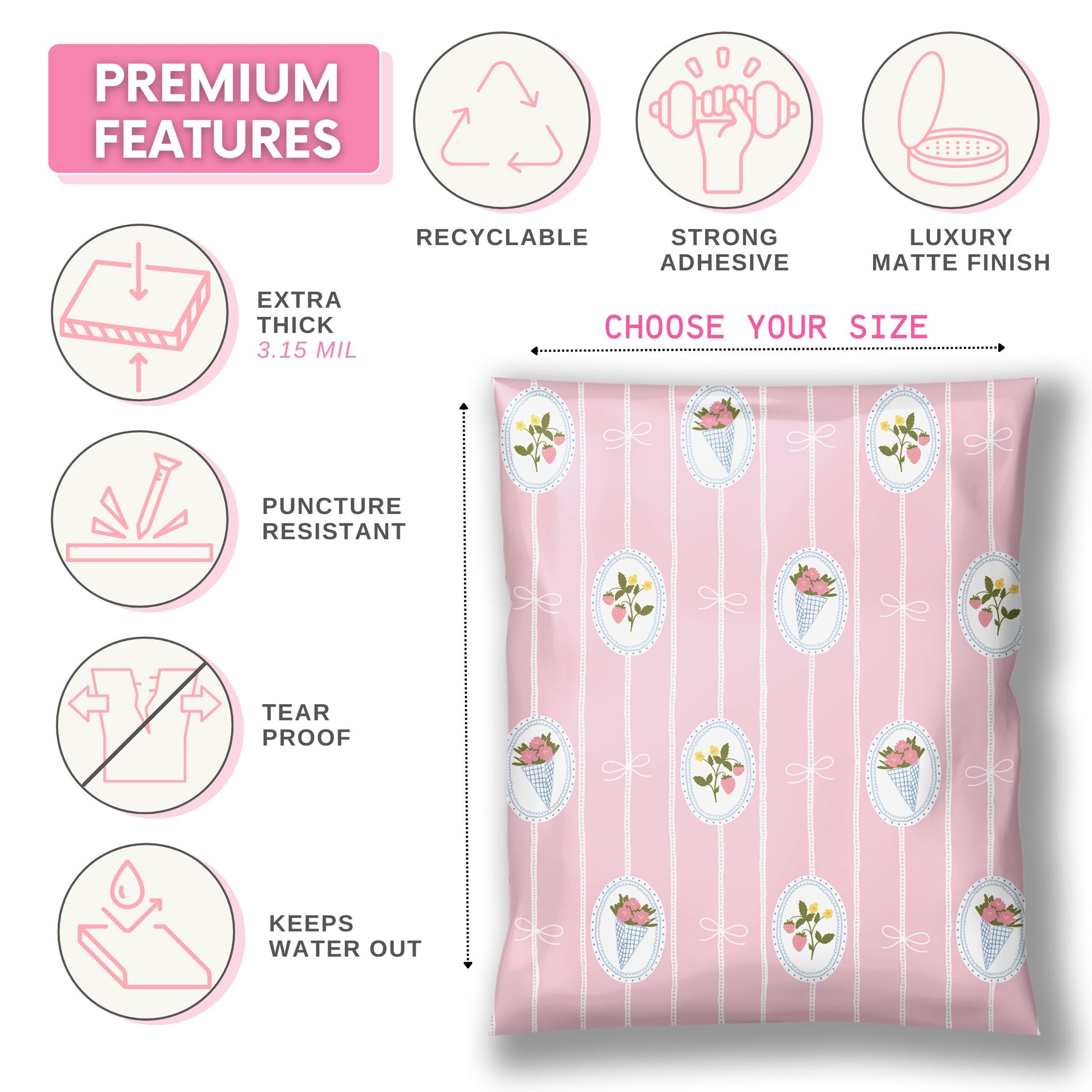 10x13 and 14x19 designer shipping bags for small business packaging. pink plastic poly bag with hand drawn design of pink flower bouquets and strawberry sprigs and white stripes with little bows.
