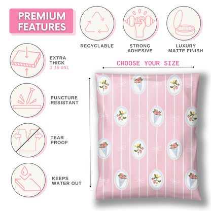 10x13 and 14x19 designer shipping bags for small business packaging. pink plastic poly bag with hand drawn design of pink flower bouquets and strawberry sprigs and white stripes with little bows.
