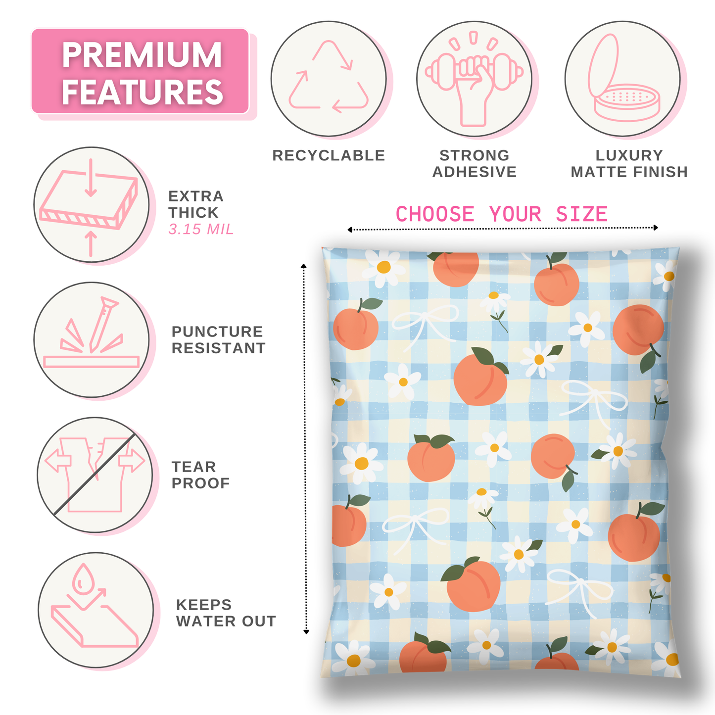 A product infographic for poly mailers. The image features a central product photo of a light blue and white gingham plastic polymailer shipping bag decorated with peach and white daisy patterns, flanked by feature callouts on the left.