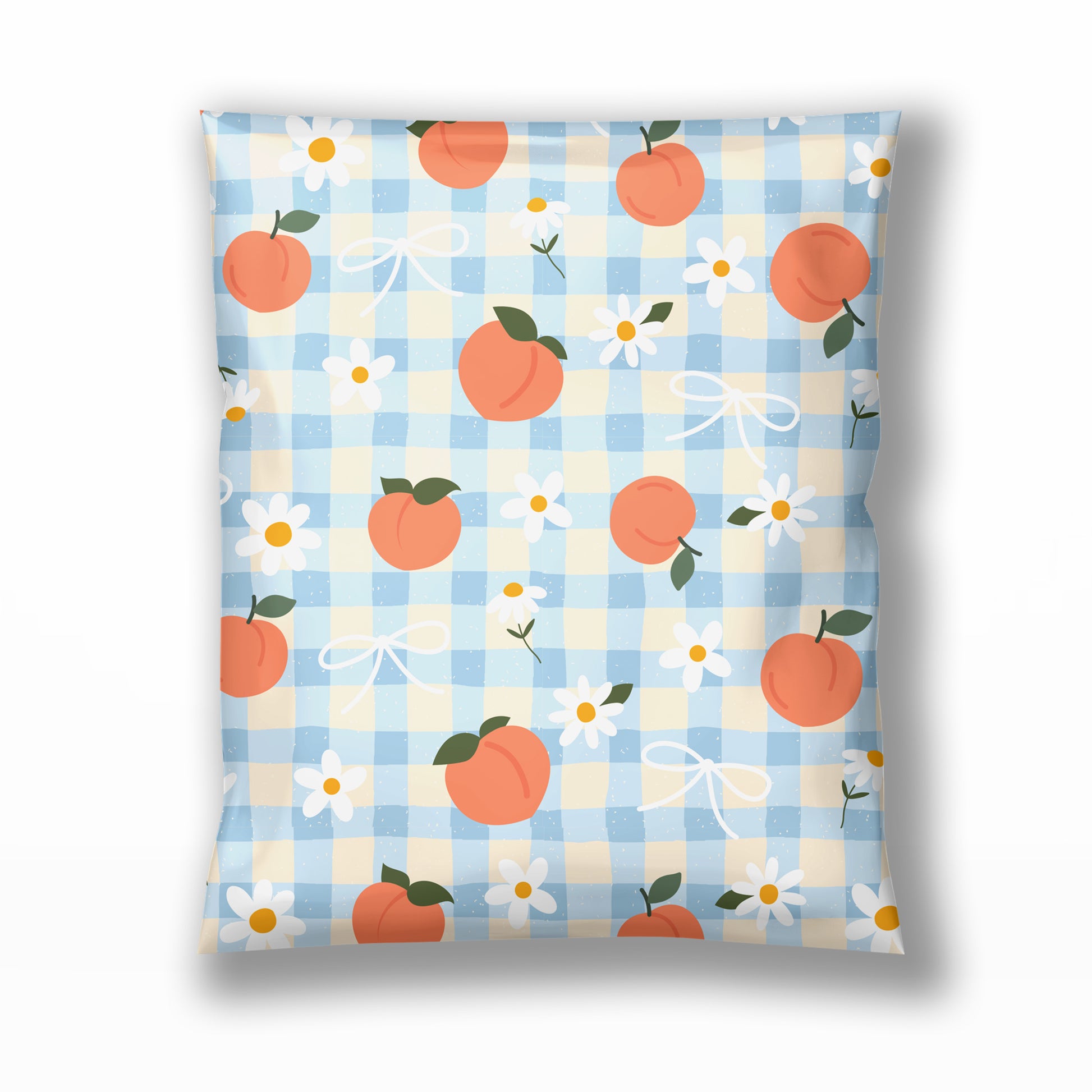 A small business poly mailer shipping envelope featuring a light blue and cream gingham pattern with orange peaches, white daisies, and white bows in 10x13, 14x19, or 6x9.