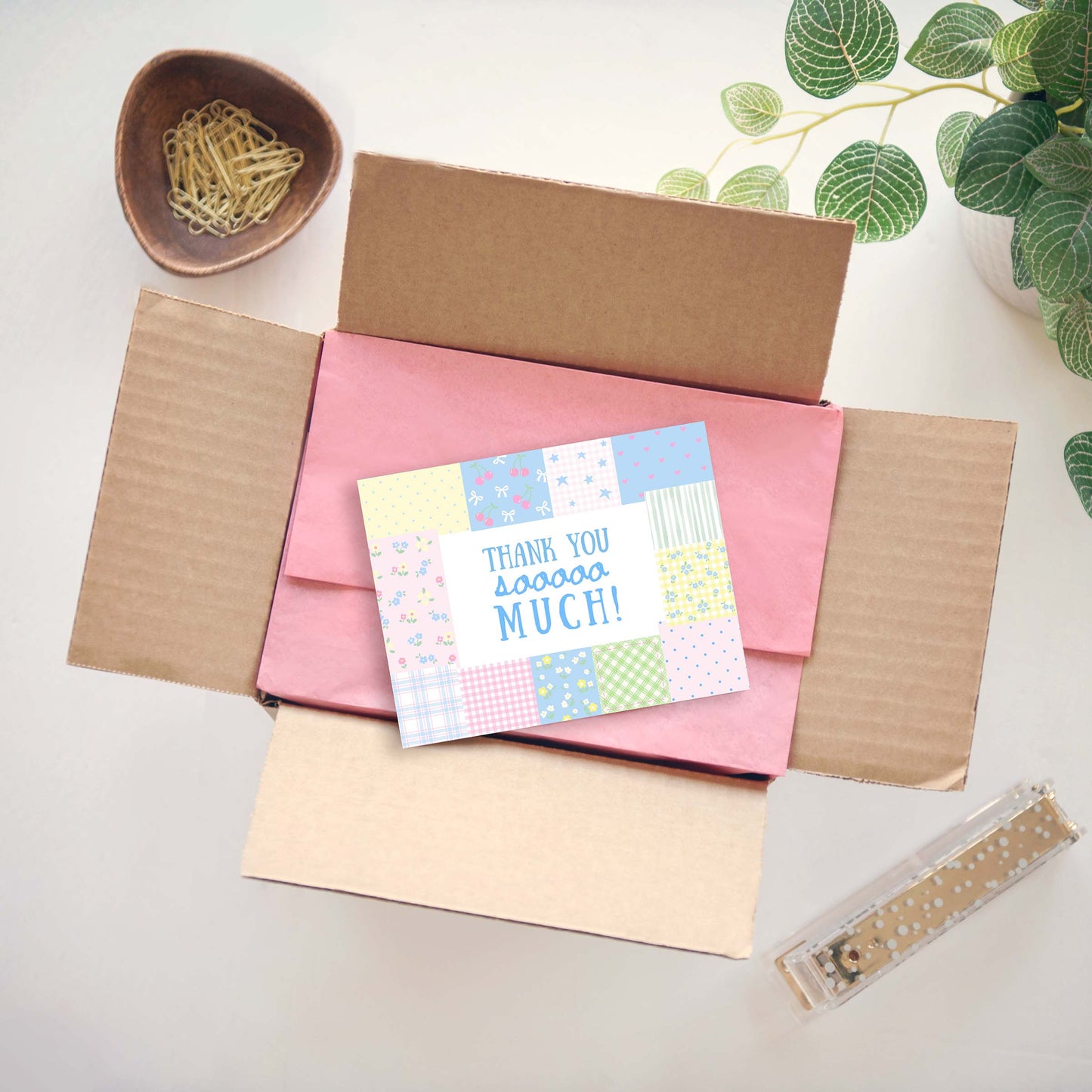 cute patchwork style design customer thank you card packaging insert for small business shipping.  Thank you so much with pastel pink blue yellow green
