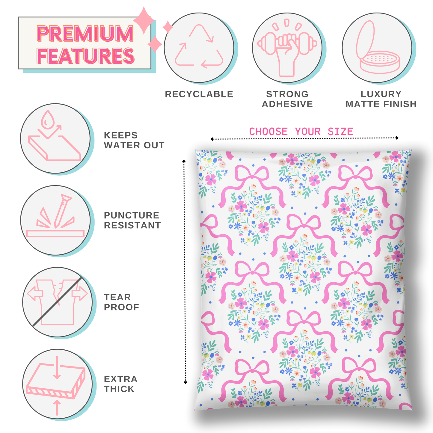 pink poly mailer designed poly mailers with flowers and pink bows 10x13 and 14x19 polymailers for small biz