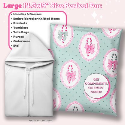 christmas poly mailers 14x19" with mint green background, forest green polka dots, and hot pink frames with hand drawn candy canes with bows inside. Cute shipping bags boutique design pattern for small business holiday shipping.
