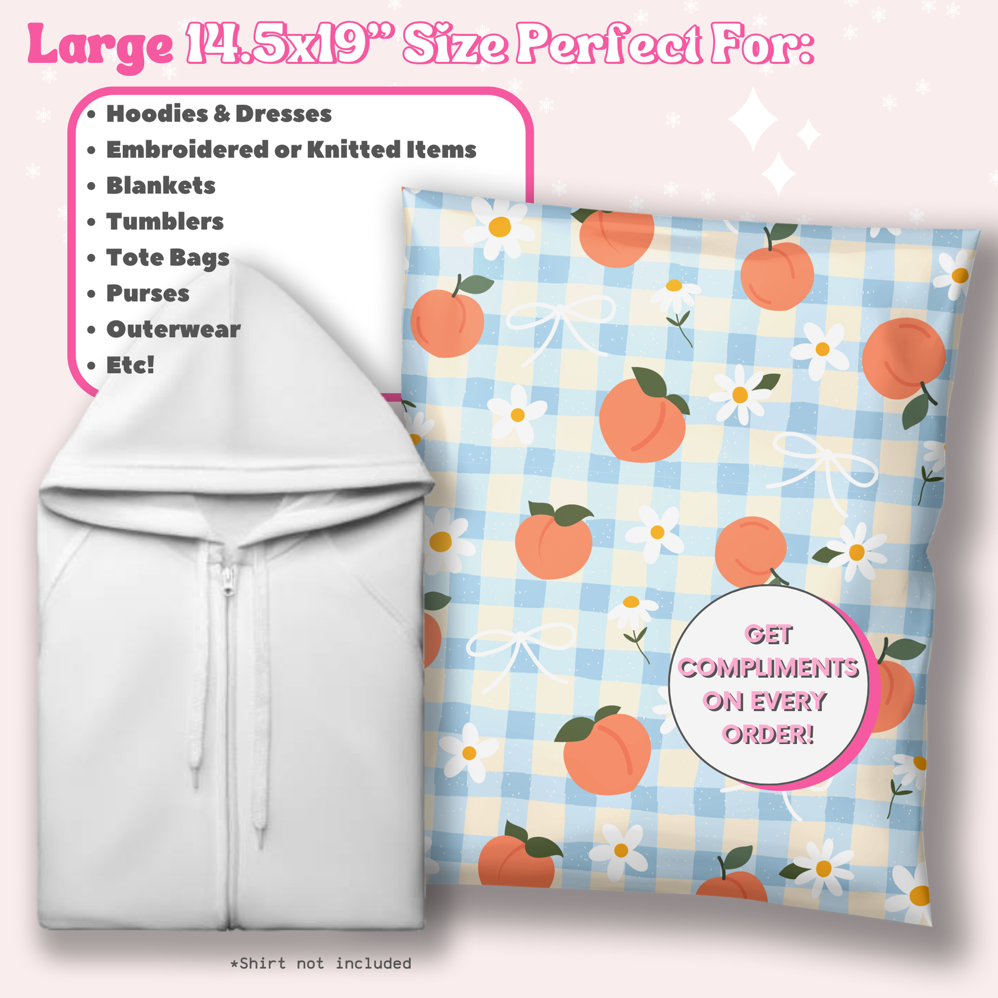 A product listing graphic showing a large 14.5x19 shipping bag with a peach and daisy gingham pattern, alongside a white hoodie used as a size reference for items that fit inside of a large poly mailer.