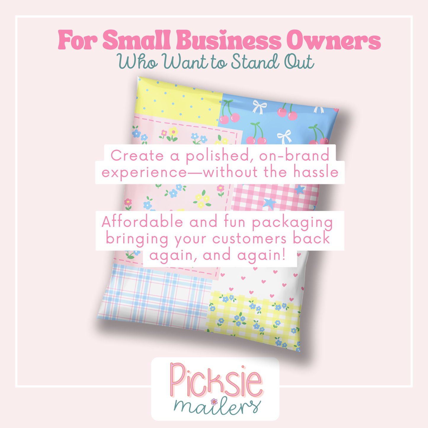 poly mailers in cute pink blue yellow patchwork designer shipping bags for small biz boutique shipping and mailing