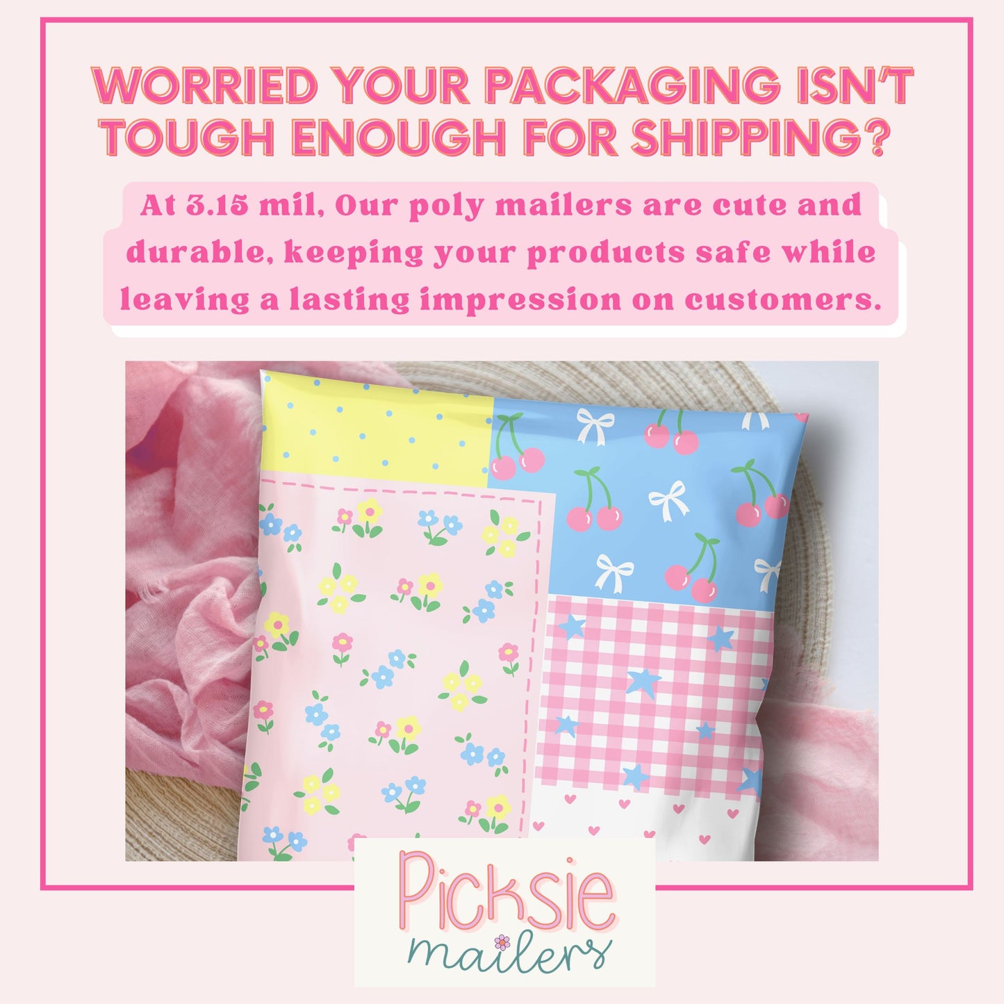 trendy polymailers shipping bags in patchwork design with pink blue yellow colors and floral and plaid designs