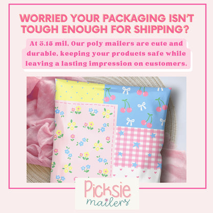 trendy polymailers shipping bags in patchwork design with pink blue yellow colors and floral and plaid designs