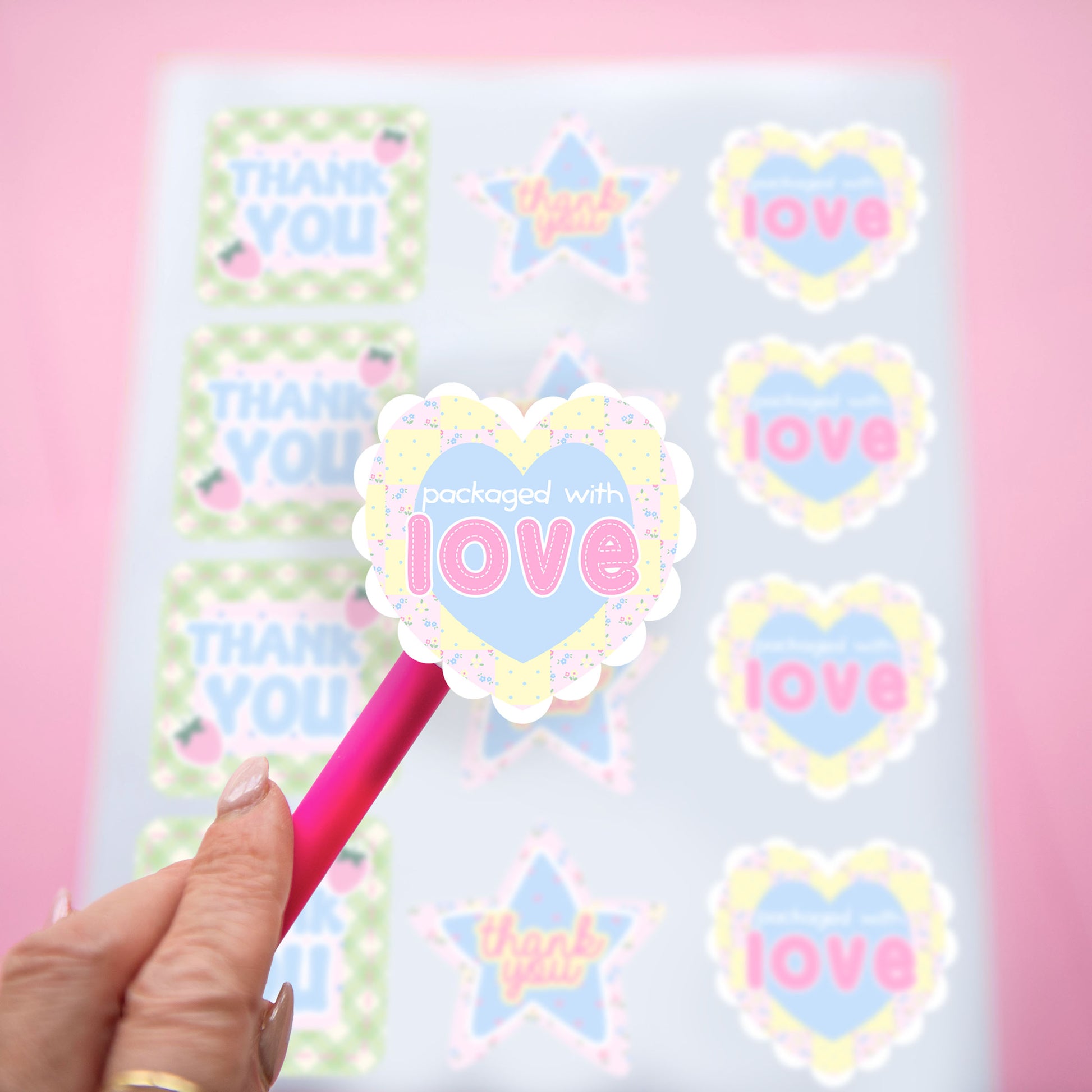 packaged with love customer thank you stickers for small business boutique packaging and shipping. pastel pinks blues and yellows in a fun patchwork design