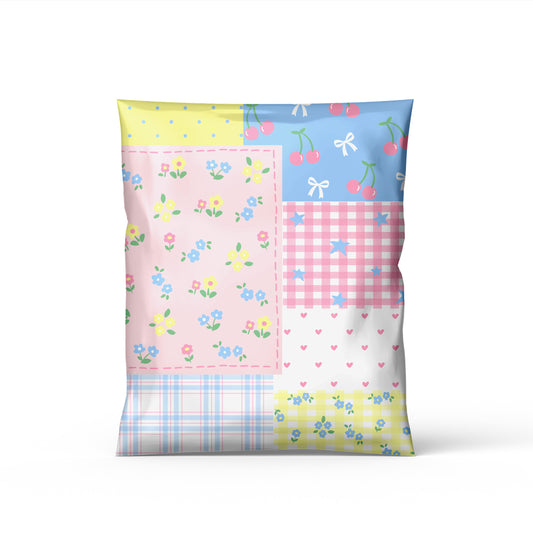 cute trending poly mailers in patchwork design for small business boutique shipping supplies in pink, blue, yellow, with florals and plaids designs