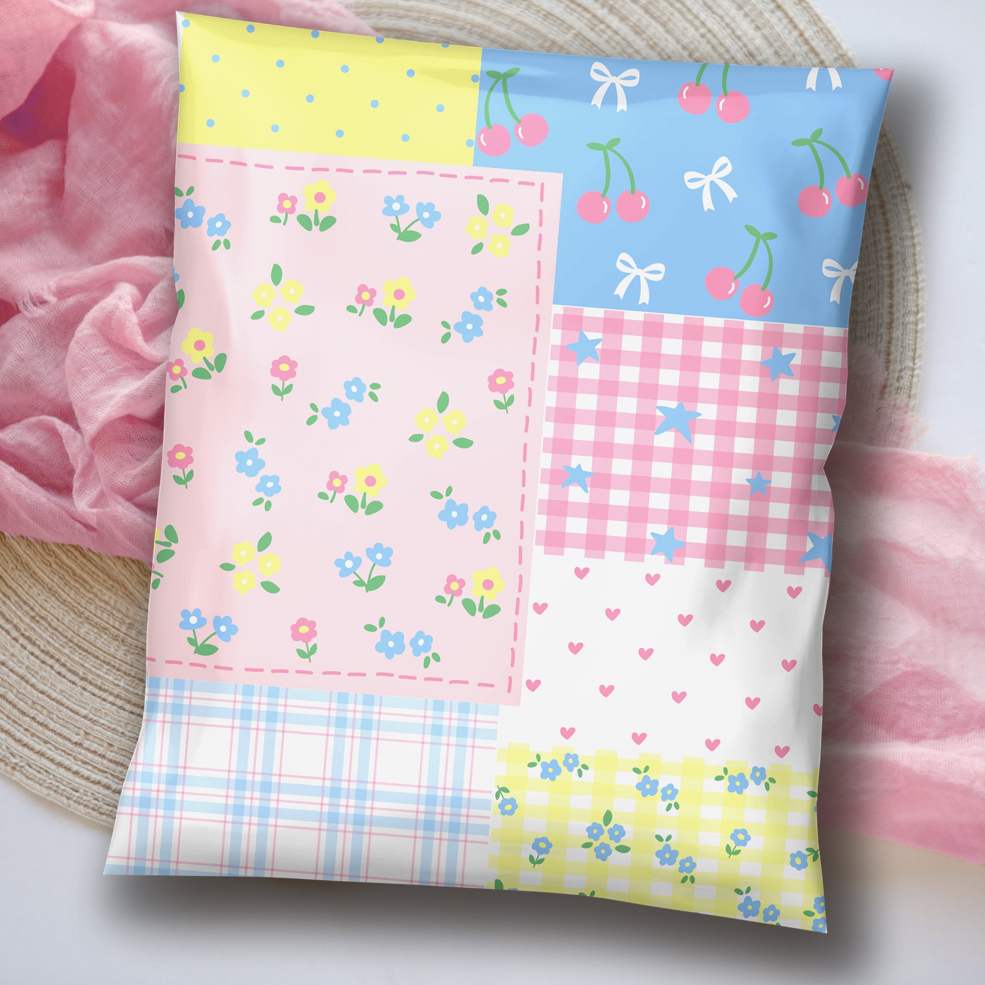 cute pretty patchwork design poly mailer in pink blue green yellow pastel colored design.  designer plastic poly bags for small business boutique shipping