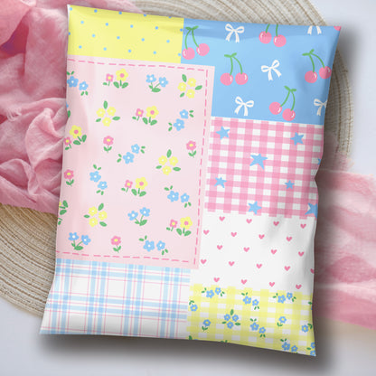 cute pretty patchwork design poly mailer in pink blue green yellow pastel colored design.  designer plastic poly bags for small business boutique shipping