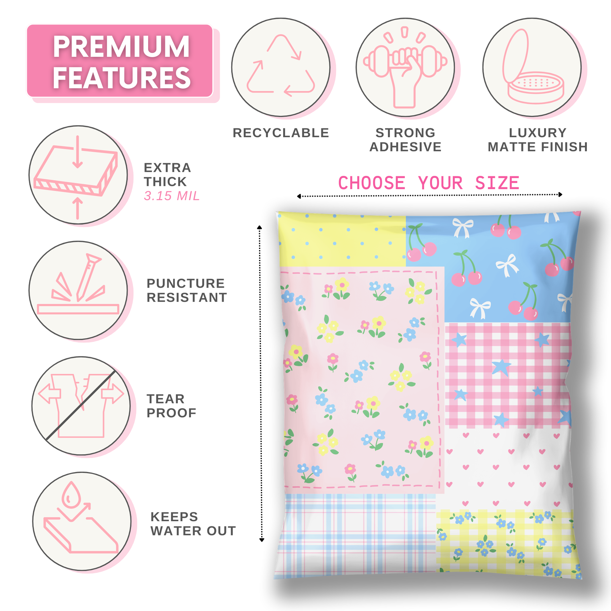patchwork poly bags trending design with pink blue yellow colors with flower and plaid pattern for small business shipping and mailing