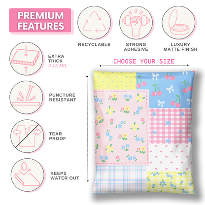 patchwork poly bags trending design with pink blue yellow colors with flower and plaid pattern for small business shipping and mailing
