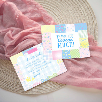 customer thank you insert cards in patchwork design with pink blue green yellow