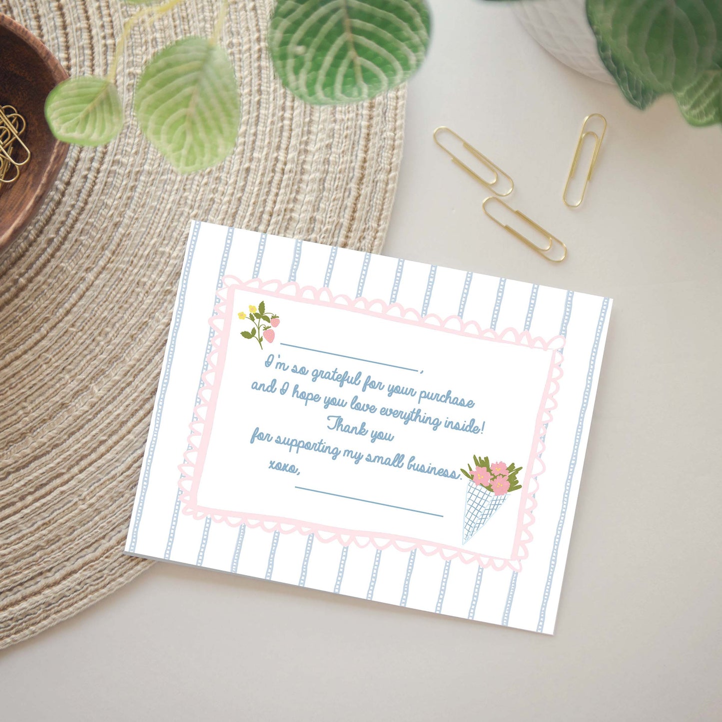 cute coquette style customer thank you cards.  back of card says I'm so grateful for your purchase and I hope you love everything inside!  Thank you for supporting my small business. XOXO, 