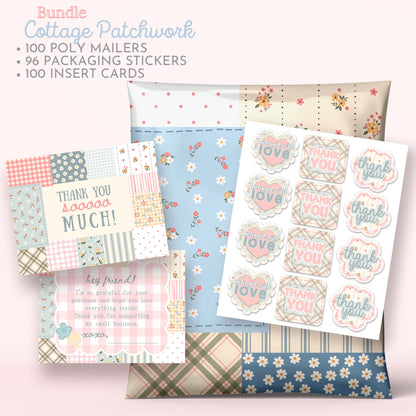 A bundle of cottage patchwork-themed small business shipping supplies displayed on a light pink background, including multiple decorated polymailers, customer packaging sticker sheets with 'love' and 'thank you' designs, and customer thank you for your business cards. Complete variety pack shipping and packaging bundle for small business.