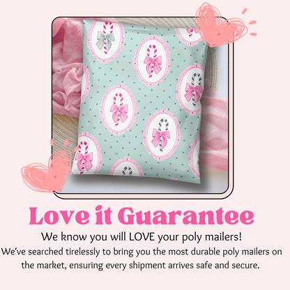 Love it guarantee. Cute christmas shipping supplies bag with mint green background, forest green polka dots, and hot pink frames with hand drawn candy canes with bows inside. Cute trending design pattern for small business holiday shipping.