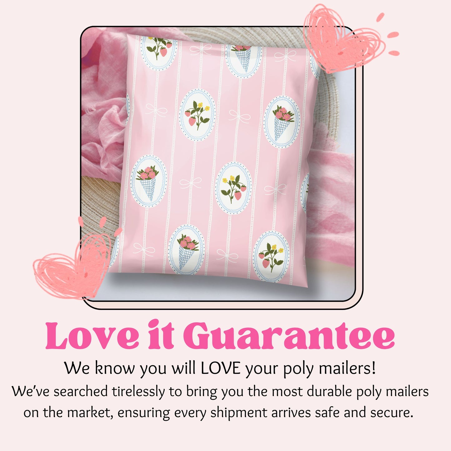 pink poly mailers 10x13 and 14x19 in coquette style hand drawn floral bouquets and strawberries