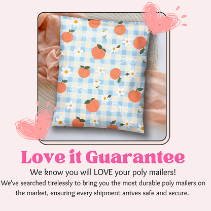 A cute poly mailer with a light blue and white gingham pattern, decorated with peaches, white daisies, and small bows, displayed on a soft pink blanket. The image includes promotional text below reading 'Love it Guarantee' describing that we know you will love your poly mailers!