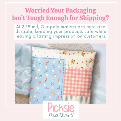 cute poly mailer in a patchwork design with florals, plaids, & stripes for small business mailing. This shipping bag has muted blues, pinks and cream design colors. Good for t-shirts, clothes, and handmade boutique items. available in 10x13 and 14x19 inch with a durable, thick, 1.5 mil plastic mailing bag construction.